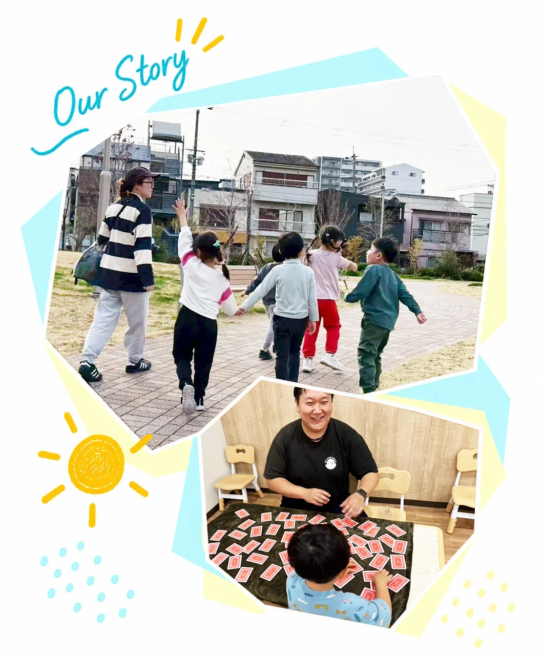 公園でスタッフと子どもたちが歩いている様子と、教室でスタッフと子どもがカードゲームをしている様子