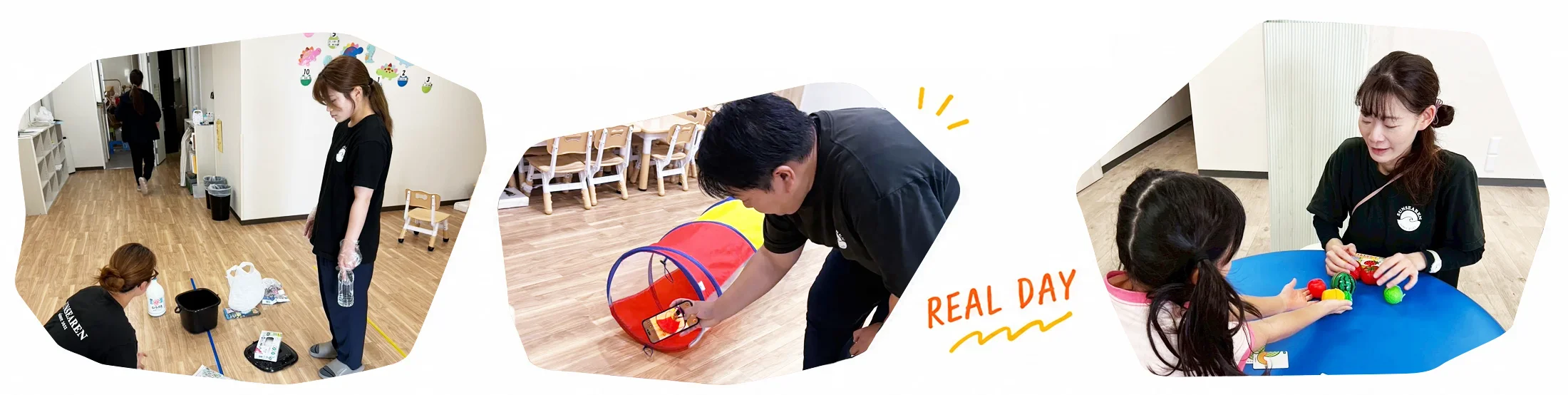 教室の準備をするスタッフ、遊具を使って子どもと関わるスタッフ、机に向かって子どもと課題に取り組むスタッフ
